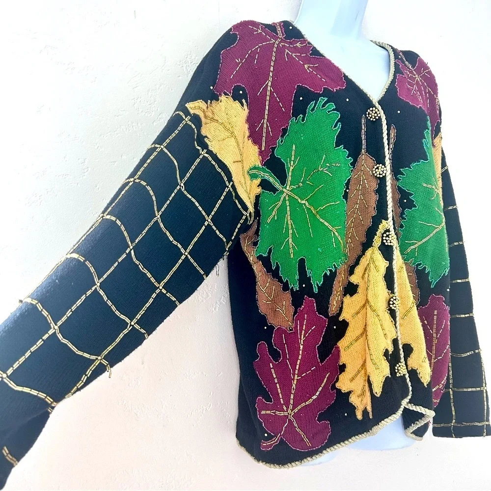 Bellepointe Vtg 90s Handmade Colorful Fall Leaf Cardigan Sweater Sz L Beaded